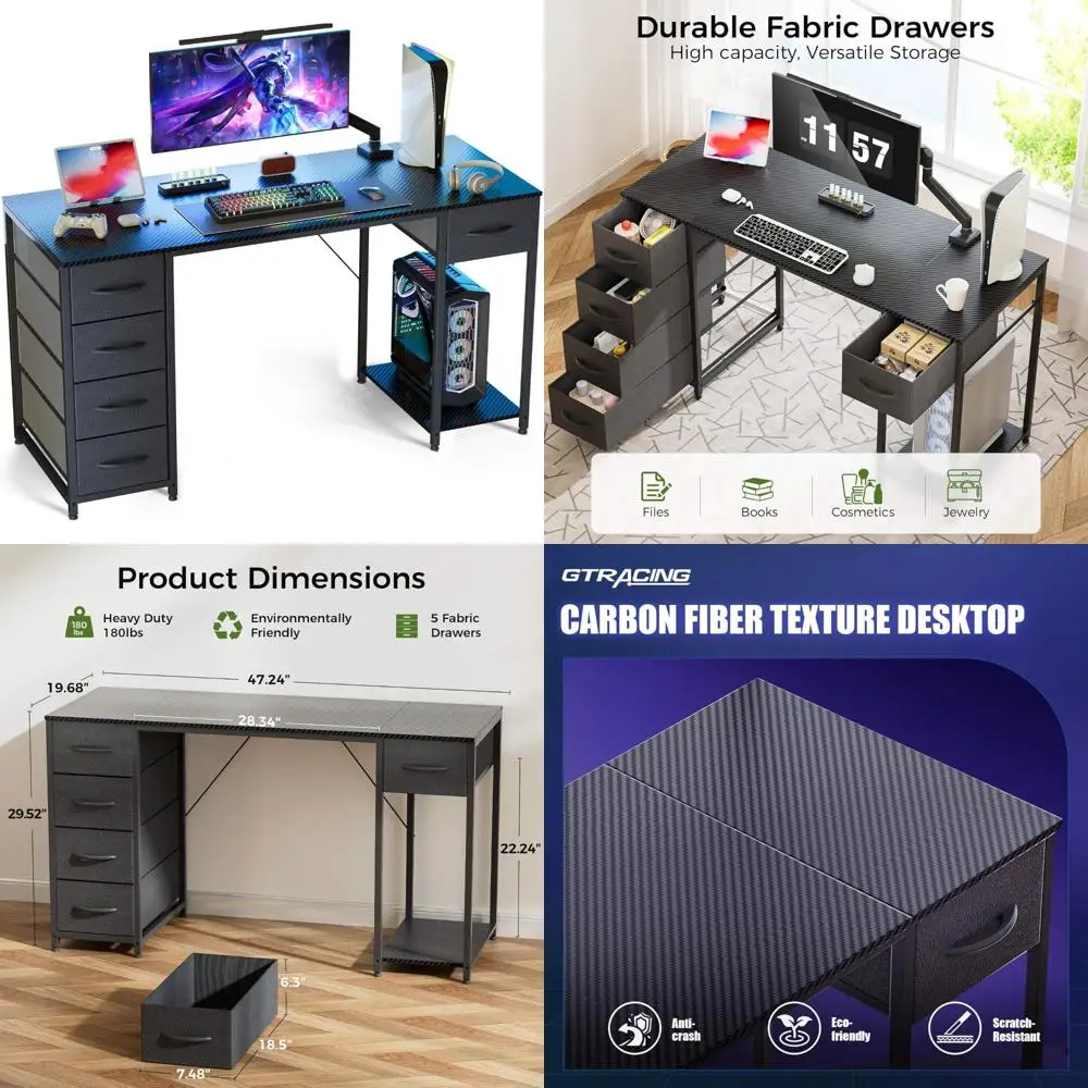 

47 Inch Fabric Drawer Computer Desk with Storage Shelves, Home Office Gaming Writing Table for Bedroom