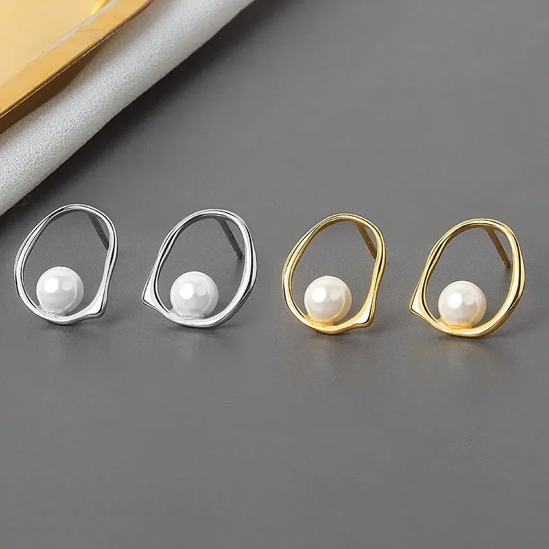 

925 Sterling Silver Irregular Oval Stud Earrings for Women Trendy Jewelry Simple Party Accessories Gifts Circle Pearl Earrings