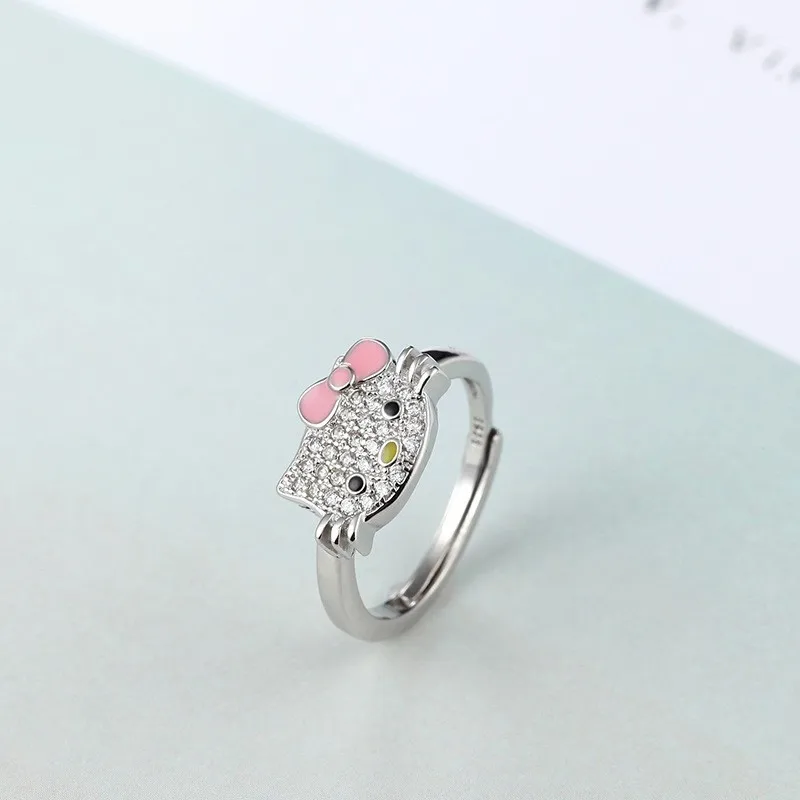 

Sanrio Hello Kitty Ring Cute Cartoon Charm Rhinestone Zircon 925 Silver Girl adjustable Ring Ornaments Jewelry Girlfriend's Gift