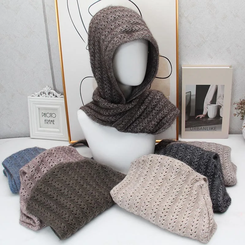 Hollow Knit Hooded Scarf Integrated Hat Women's Autumn and Winter Shawl Hat Ear Protector Headgear Yak Velvet Scarf Hat