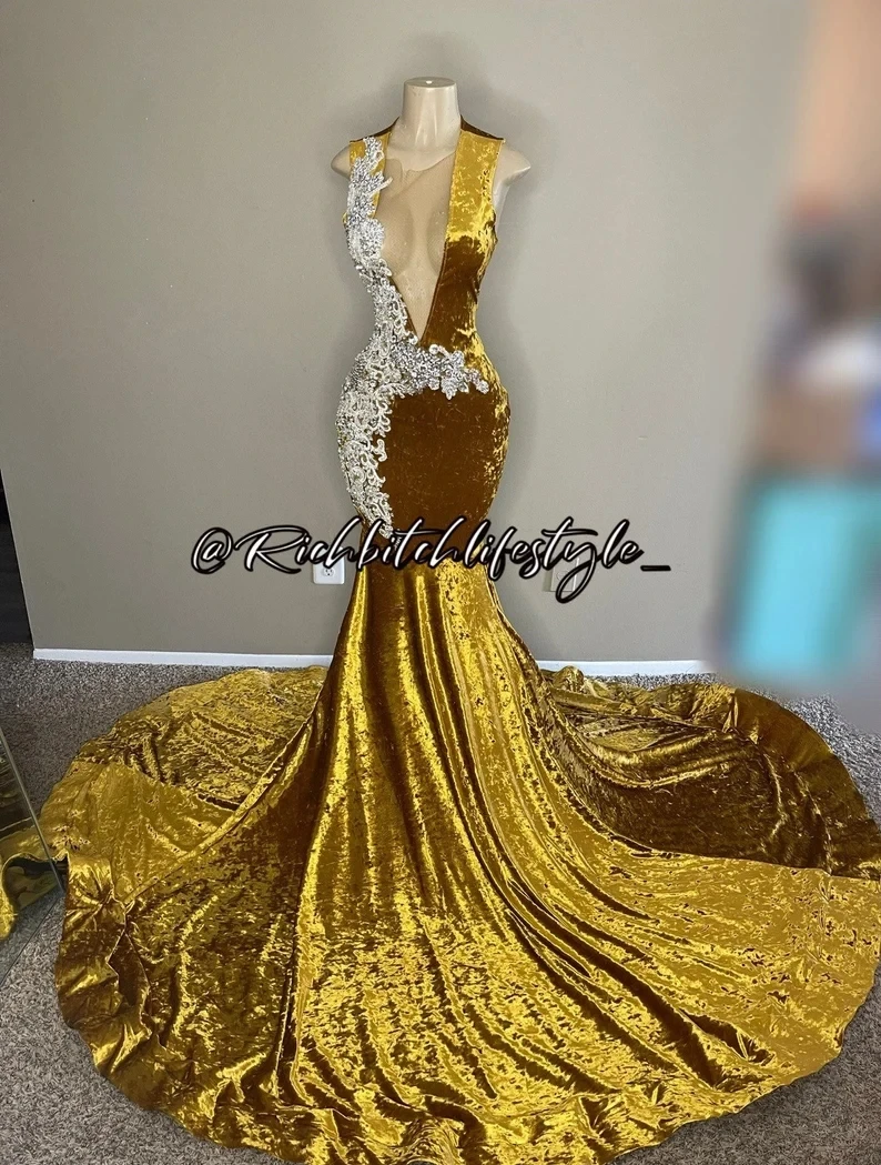 Vestido De graduación africano americano dorado, vestido De noche con apliques De terciopelo transparente De sirena para niñas negras, vestido De noche nigeriano