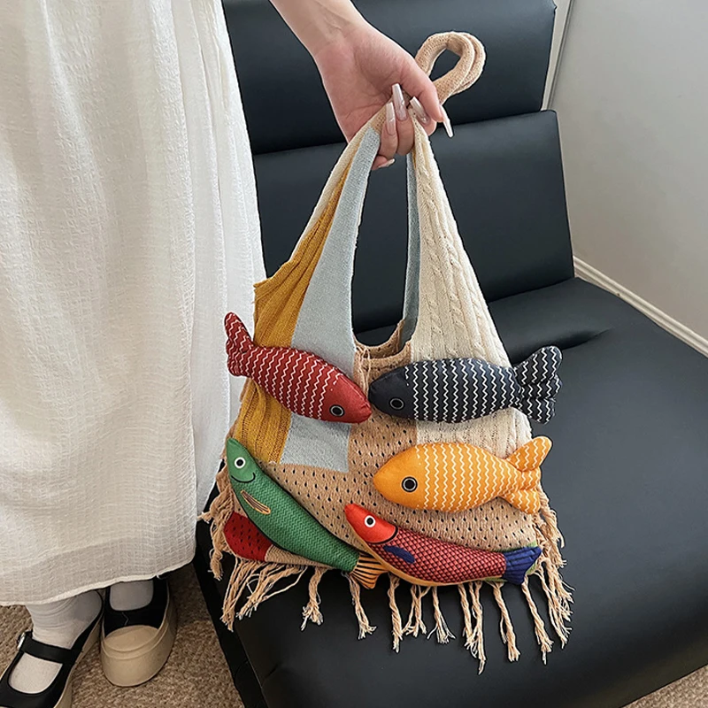 Women Large Capacity Knitted Tote Handbag Summer Beach Bag Aesthetic Travel Bag For Daily Use Shopping Shoulder Bag