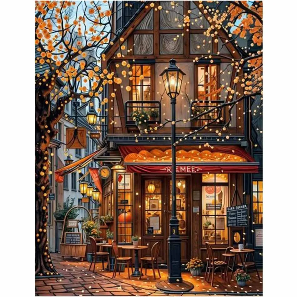 Diamond Painting Set Vintage Town Coffee Shop Autumn Street Landscape Handmade Art Perfect Holiday Gift Interior Decoration