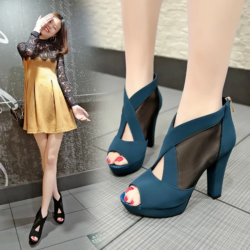 2024 Summer Women High Heel Shoes Mesh Breathable Pomps Zip Pointed Toe Thick Heels Fashion Female Dress Shoes Elegant Footwear