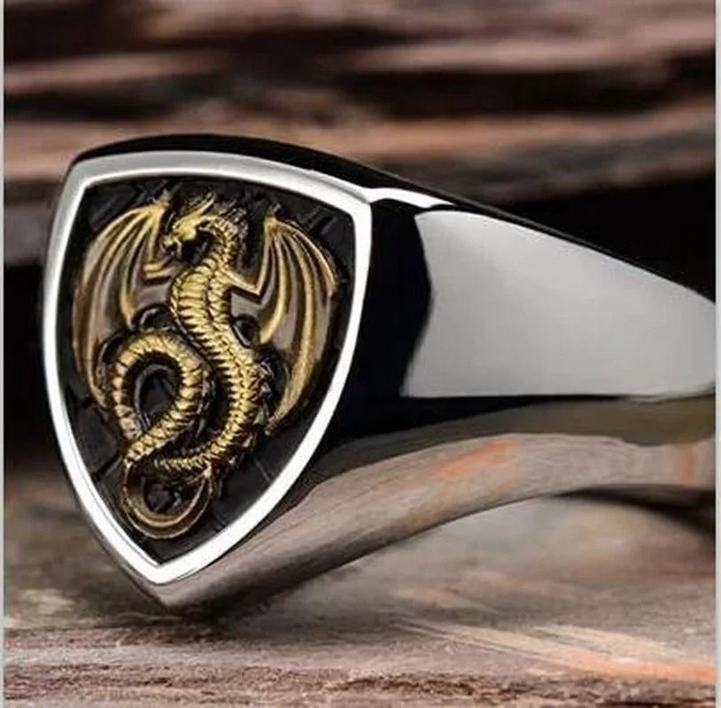 Men's Fashion Golden Dragon Shield Ring Travel Triangle Logo Design Ring Jewelry Gift