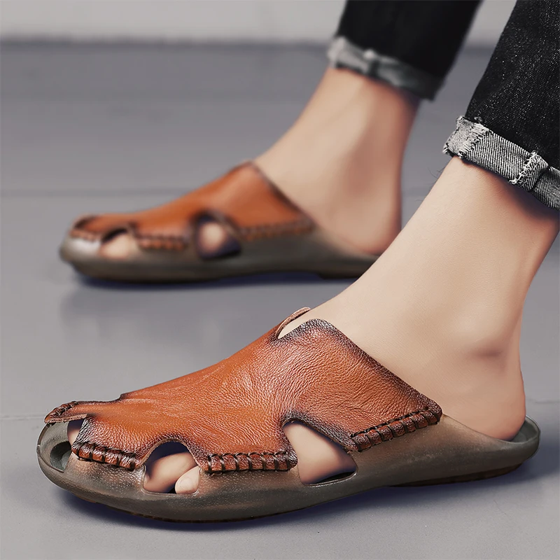 Summer Men\'s sandals Outdoor beach Genuine Leather slippers open-toe sandals Roman shoes summer casual shoes big size：38-48