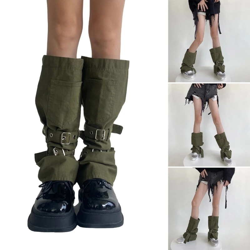 Harajuku Cargo Leg Warmers with Adjustable Buckle Strap Pocket for Women Punk Flared Baggy Foot Covers Footless Socks