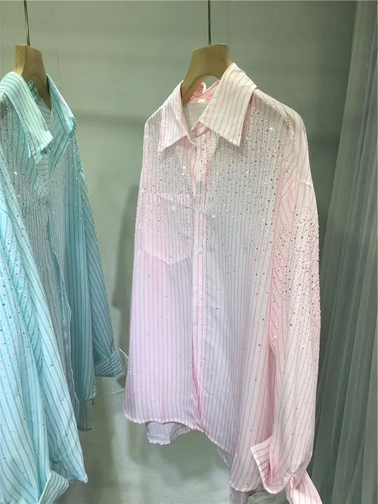 Hot Drilling Diamonds Chiffon Shirts Loose Slim Medium Length Striped Sunscreen Rhinestones Blouses Sun Protection Cardigan Tops