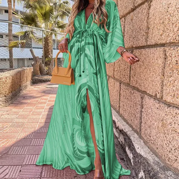 Elegant Gorgeous Printing Dress Women Casual Elastic Waist Long Party Dress 2023 Summer Loose Slit Beach Dress A932