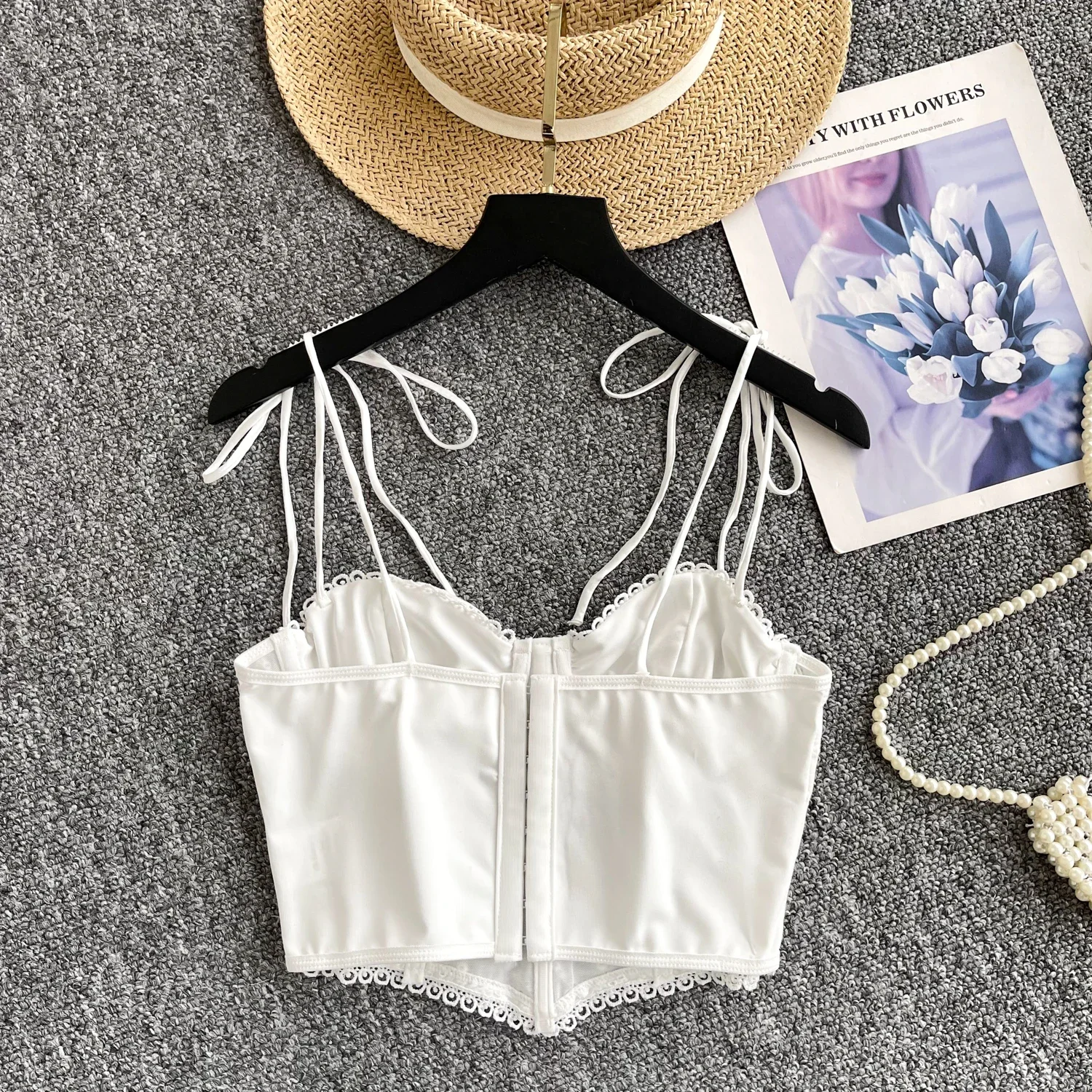 Hotsweet Sleeveless Hollow Out Embroidered Backless Sexy Slim Straps Bandage Camis Top French Basics High Street Women Clothing