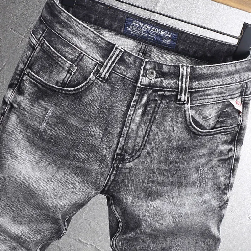 Fashion Vintage Men Jeans High Quality Retro Dark Gray Stretch Slim Fit Ripped Jeans Men Trendy Designer Denim Pants Hombre