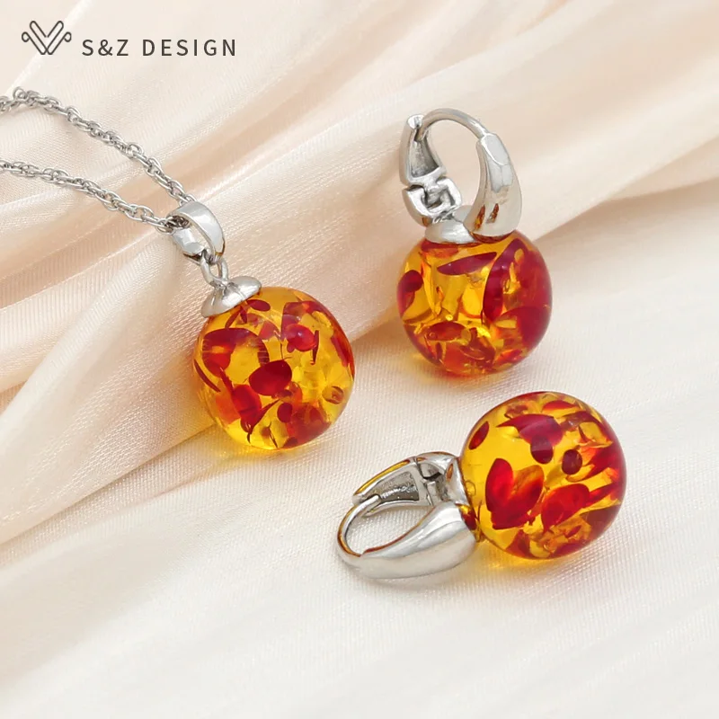 S&Z DESIGN New Elegant Round Flower ambers Dangle Earrings Jewelry Sets For Women Personality Party Jewelry Pendant Necklace