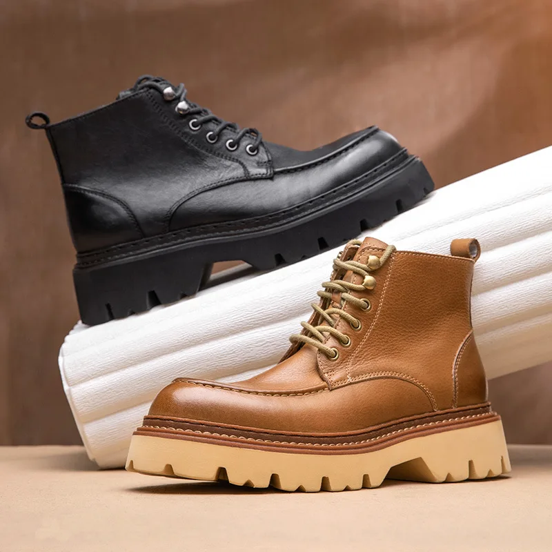 Men's Motorcycle Boots Genuine Leather High Top Motorbike Ankle Boots Thick Soled Vintage Round Toe Casual Punk Dress Shoes - Image 5