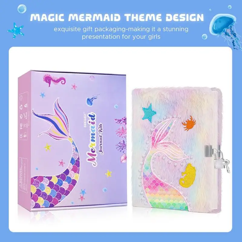 Kids Diary With Lock Creative Mermaid Notebook Kids Journal Notebook Tie-Dye Fuzzy Journal A5 Secret Journal With 160 Lined