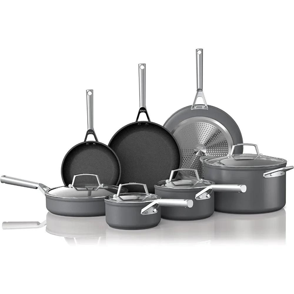 Foodi NeverStick Premium 12-Piece Cookware Set, Hard-Anodized, Nonstick, Durable & Oven Safe to 500°F, Slate Grey