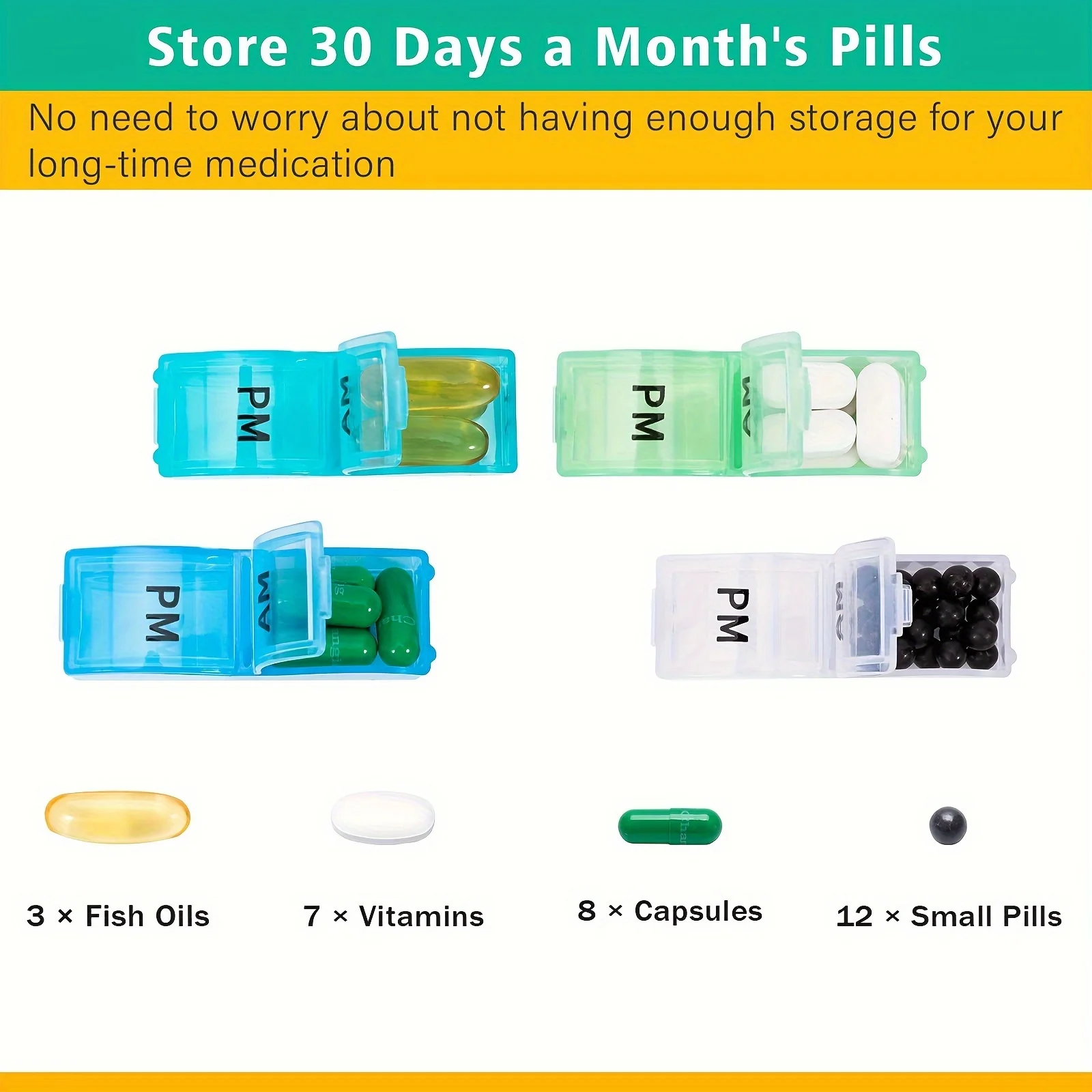 Monthly Pill Organizer 2 Times a Day, 30 Day Travel Pill Box Organizer with 32 Daily Compartments