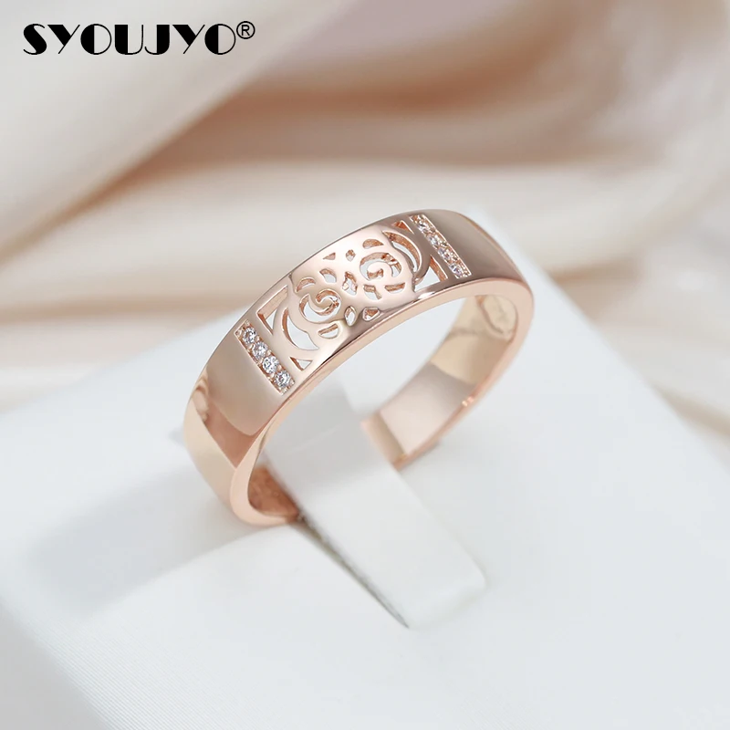 SYOUJYO Glossy 585 Rose Golden Rings For Women Shiny Natural Zircon Vintage Wedding Ring Ethnic Jewelry Accessories