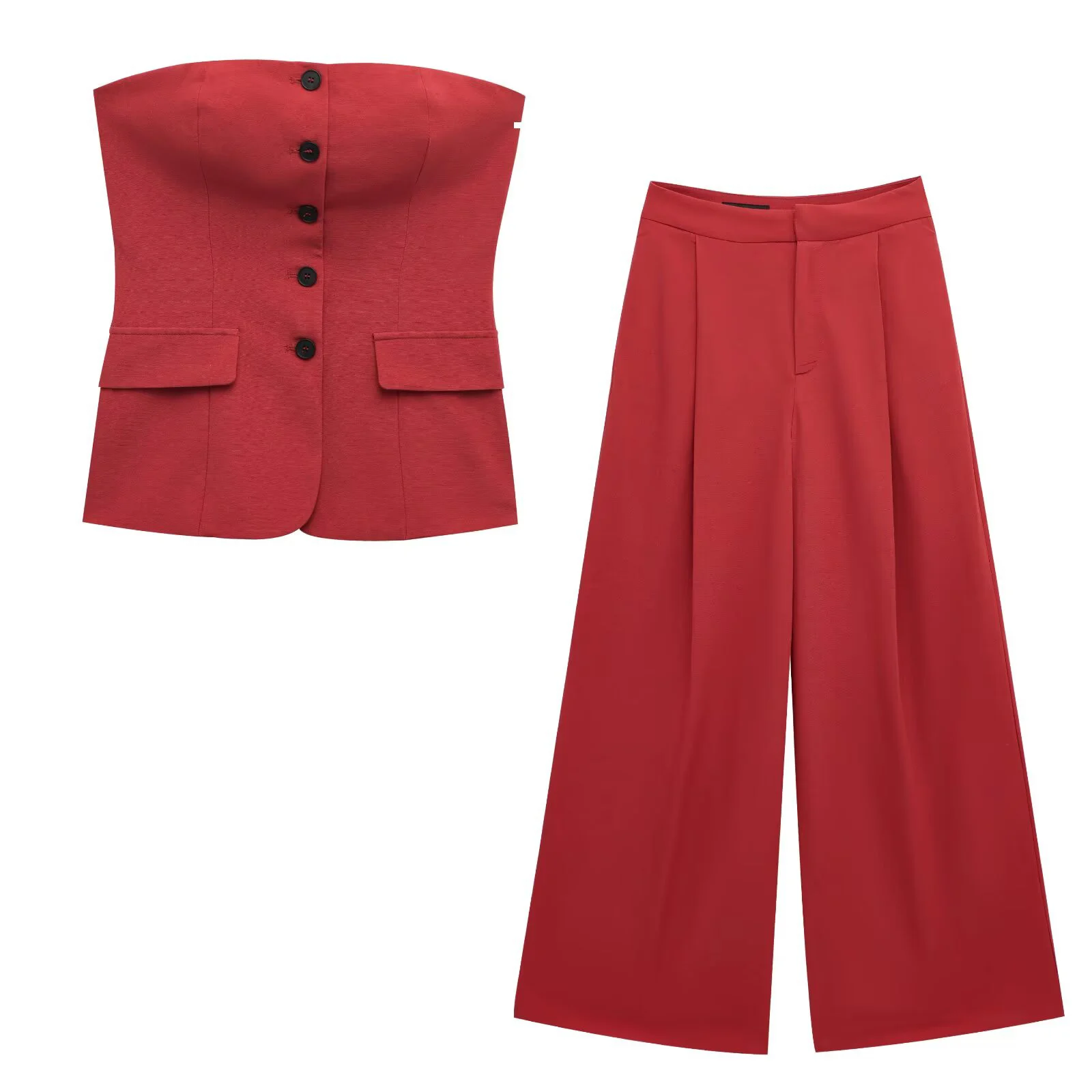 Schulterfreie Damen-Weste aus Seidensatin mit Textur, enger Korsett-Stil, kurzes Oberteil, hohe Taille, weites Bein, doppelt plissierte Freizeithose
