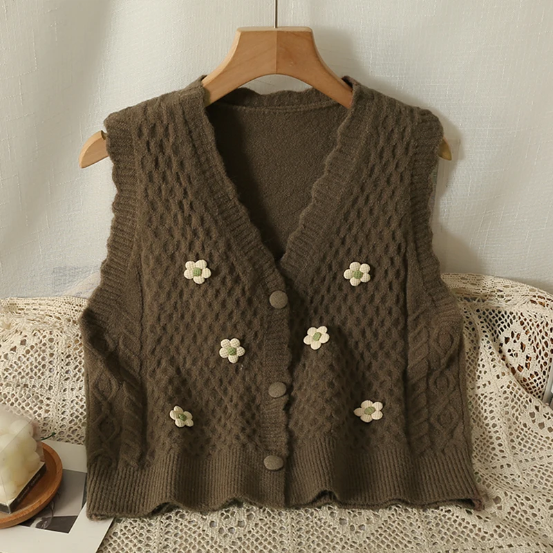 HELIAR Women V-neck Buttons Up Cardigan Flower Preppy Style Sweet Sweater Vest Office Knitted Vest Casual Tops Autumn Winter