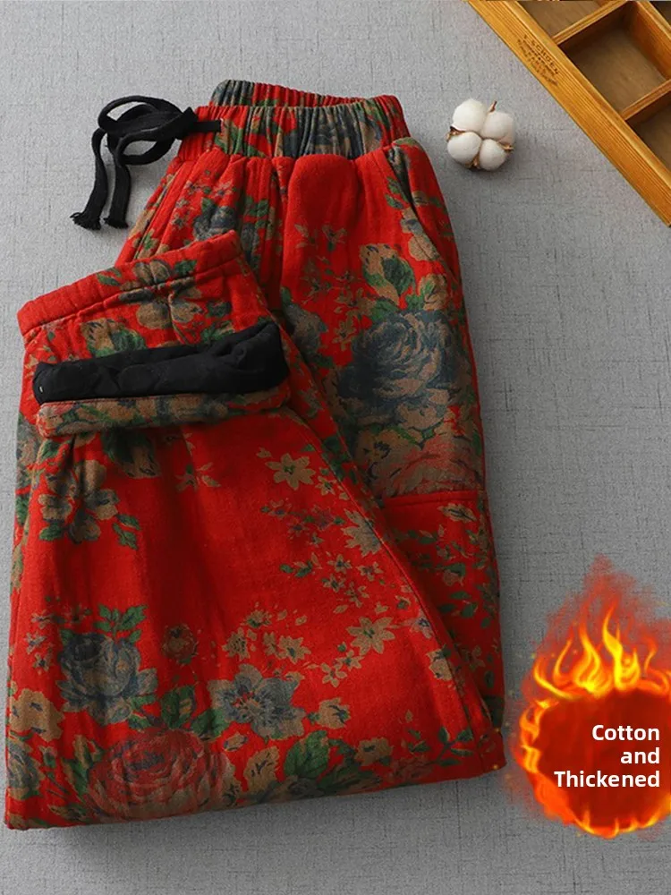 

Теплые хлопковые брюки Thiened, женские зимние свободные верхняя одежда с этническим принтом, длинные брюки Harlan с высокой талией, брюки-фонарики