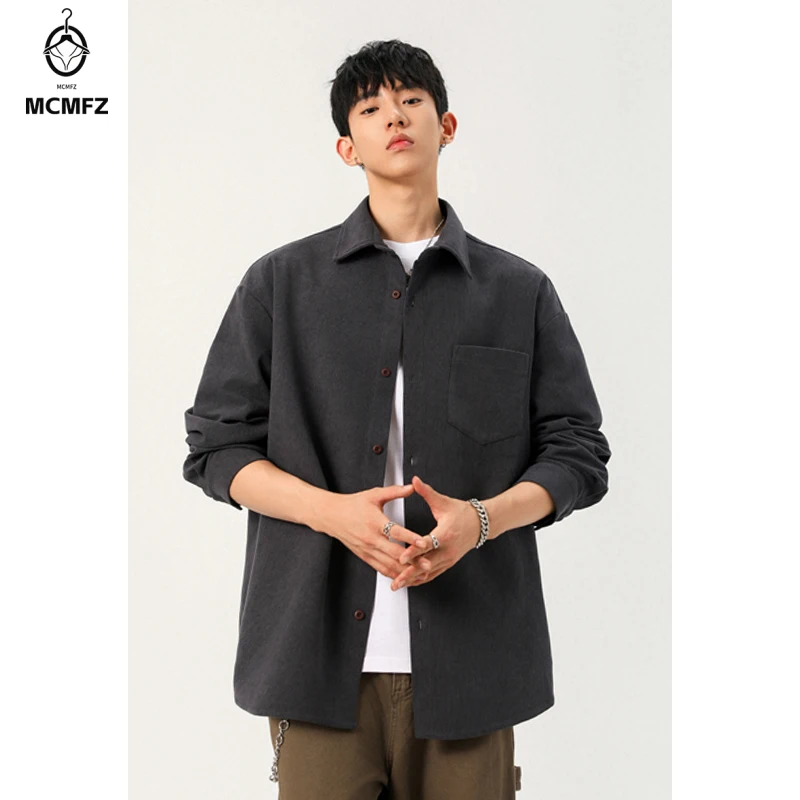Men Button‑Front Corduroy Shirt Lapel Collar Chest Pocket Loose Oversized Fit For Street Style Dating And Daily Commute Wear