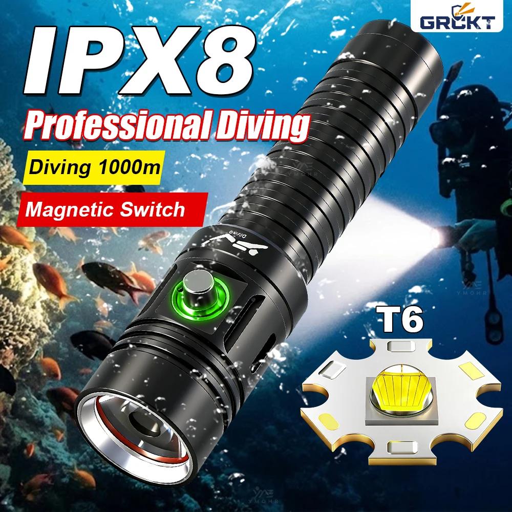 Image of Hochleistungs-Tauchlampe IPX8 Höchste Wasserdichtigkeit Professionelle Taucherleuchte Betrieben mit 18650 Akku Mit Handschlaufe