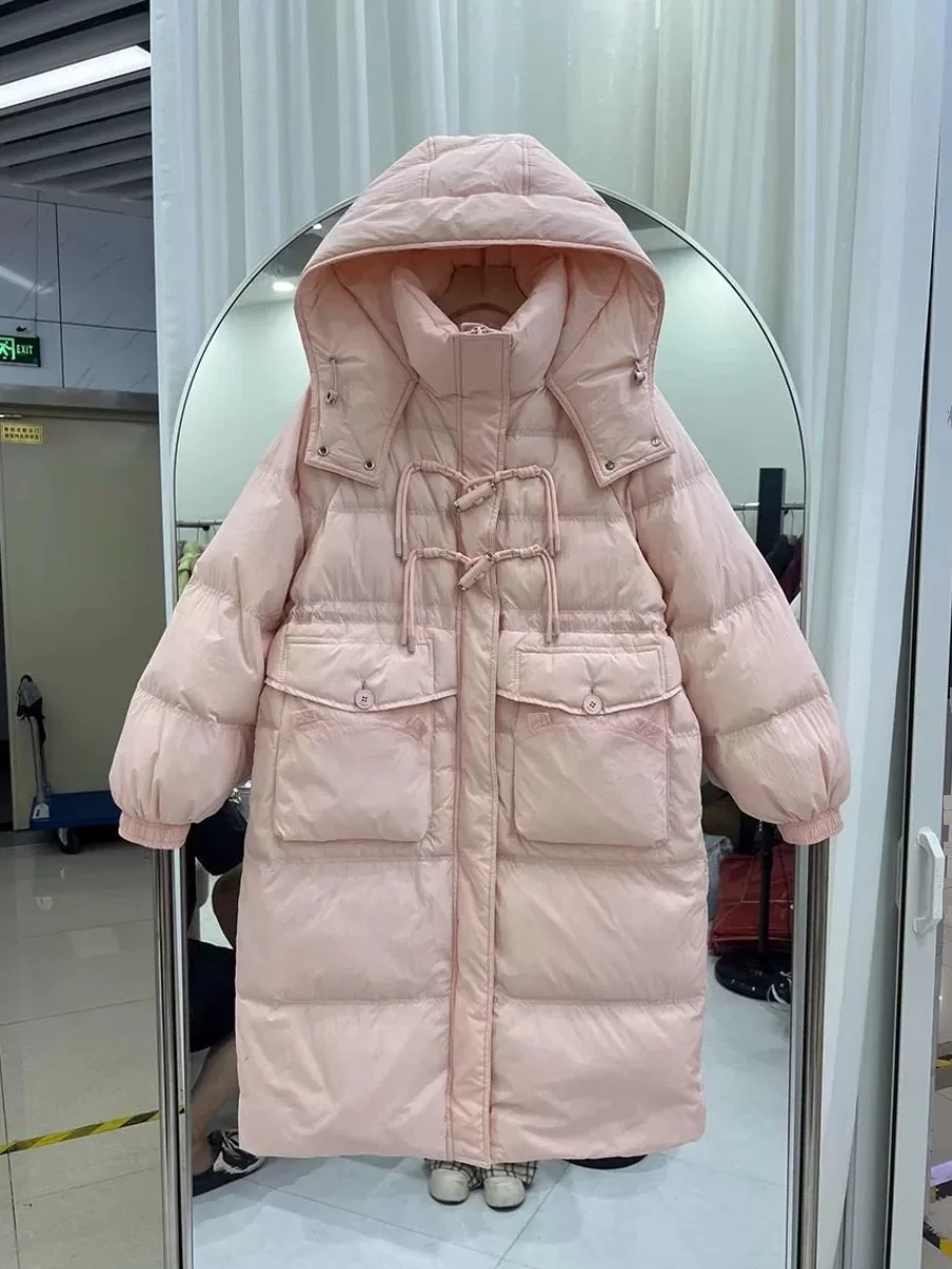 

Korean Style Women's Thickened Mid-Length Coat Winter Warm Outerwear Hooded Jacket with Big Pockets Fashionable Commute