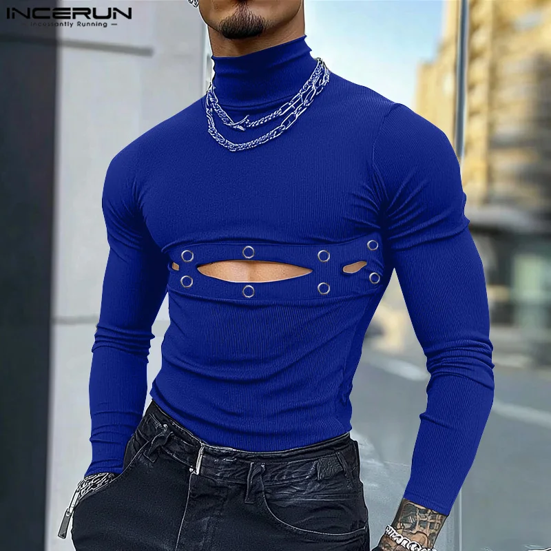 

Fashion Casual Style Tops INCERUN Men's Hollow Metal Buckle T-shirts Male City Walk Solid High Neck Long Sleeved Camiseta S-5XL