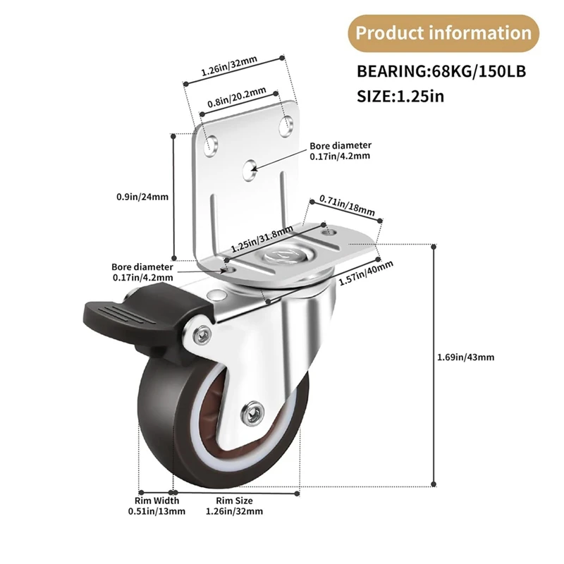 M11K-Side Mount Casters,Casters Set Of 4 With Brake,L-Shape Plate Small Wheels For Furniture,Cabinet Casters