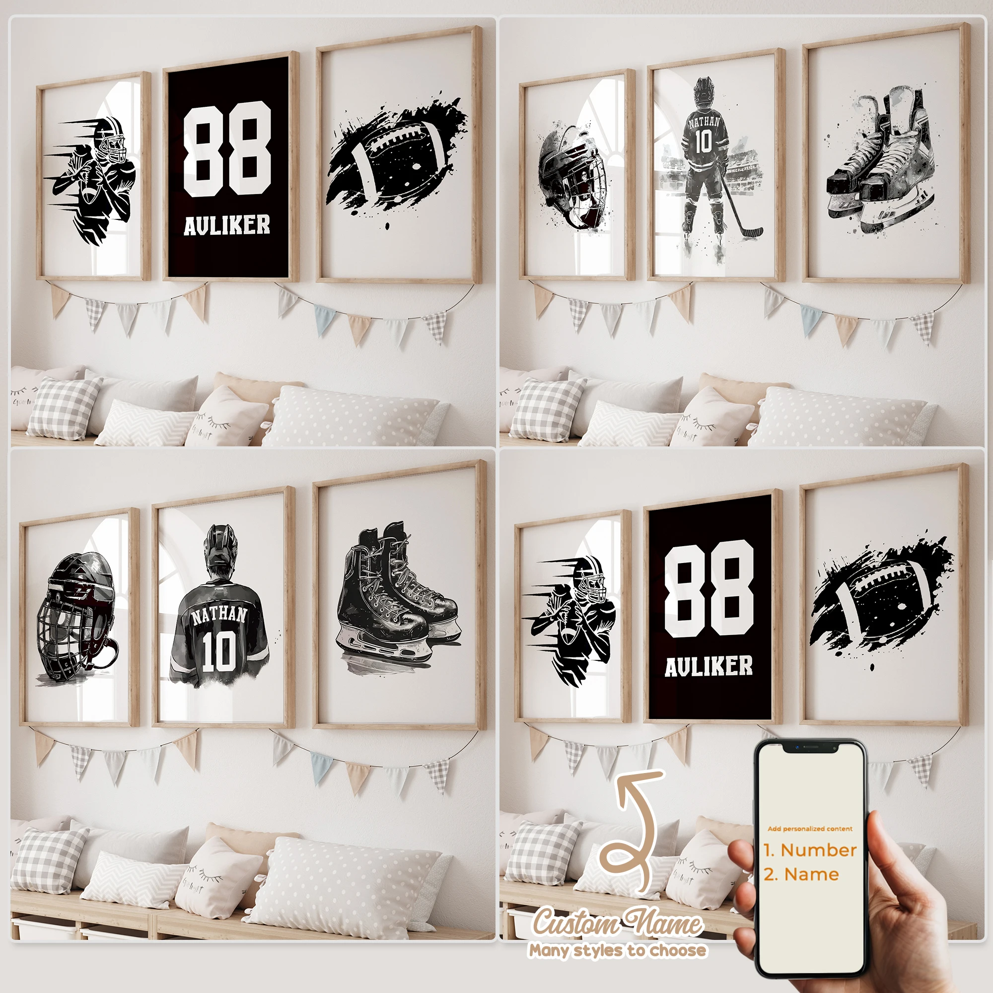 3 piezas de arte de pared personalizado con nombre, dibujo animado infantil, hockey sobre hielo, impresión en lienzo, póster, pintura para decoración del hogar y sala de estar