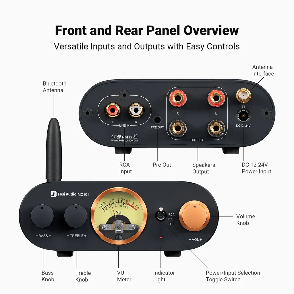 Fosi Audio-Amplificateur Stéréo Bluetooth MC101, Récepteur HiFi 2CH, VU-mètre