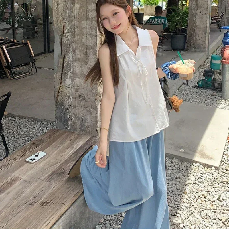 Camisa blanca básica sin mangas para mujer, blusas con cordones a la moda coreana con botones y cuello vuelto, blusas holgadas informales de verano