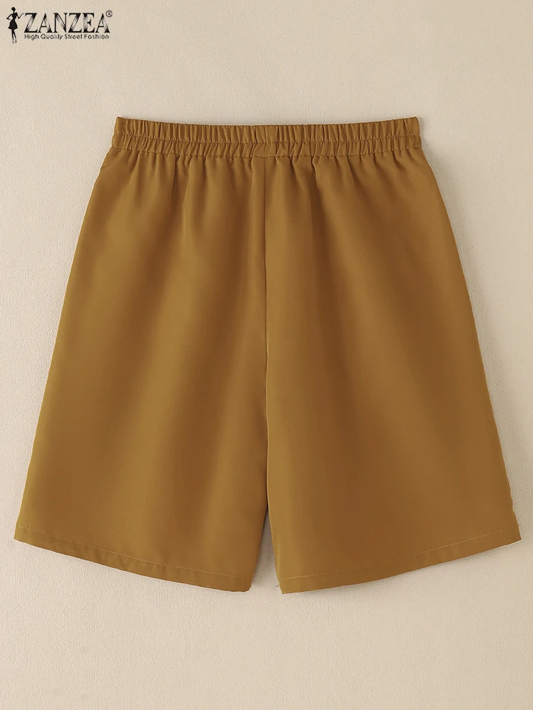 ZANZEA Summer Women Shorts Vintage Solid Color Half Pants 2025 Street Casual Korea Elastic Waist Pockets Short Bottoms Femme