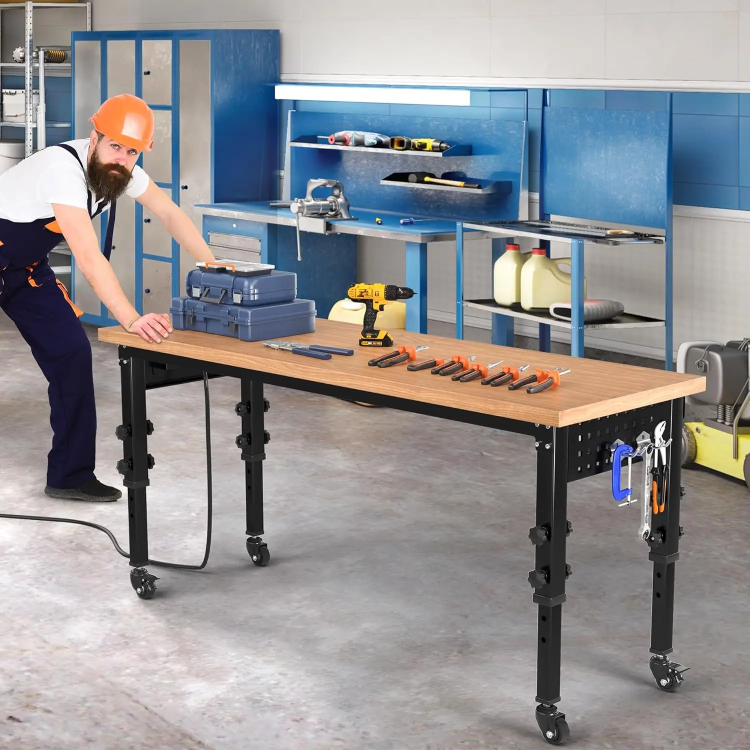 Werkbank 48" L X 20" B Verstellbare Werkbank für Garage mit Stecktafeln und Steckdosen Hochleistungs-Workstation, 1600 Pfund Tragfähigkeit