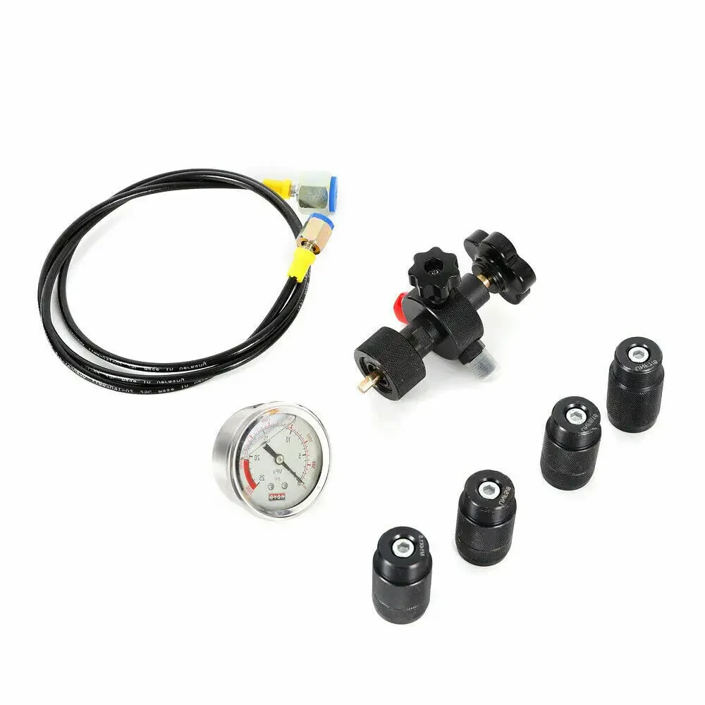 ​ ​ ชุดเติมไนโตรเจนแบบมืออาชีพสำหรับอะคูมูเลเตอร์ไฮดรอลิก พร้อมเกจวัดแรงดัน 0-250 บาร์ และตัวแปลงหลายแบบ ​ ​