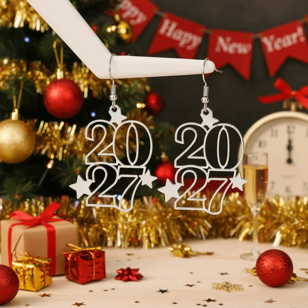 Elegant 2027 Digital Earrings Long Drop Metal Iron Happy New Year Earrings Star Design Hollowed-out Fashion Stud Earrings Travel