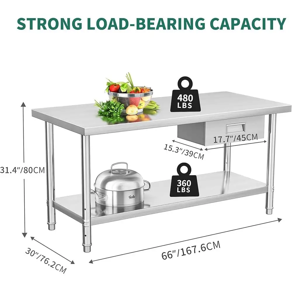 NSF Stainless Steel Work Table with Silent Drawers Adjustable Undershelf Metal Prep Table Kitchen Garage Restaurant Use