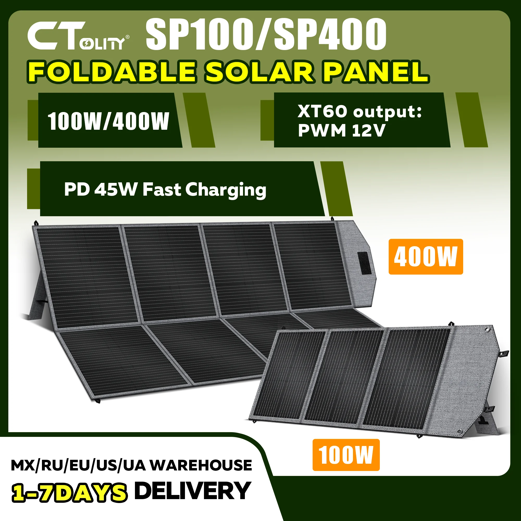 CTOLITY 100W/400W faltbares tragbares Solarpanel 12V/41V hocheffizientes Solarladegerät stabile Stromversorgung für Camping Wohnmobil Off-Grid Outdoor