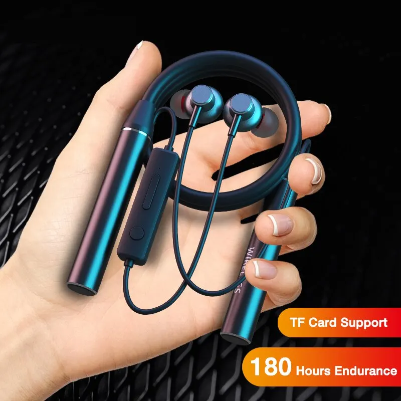 Auriculares inalámbricos con Bluetooth, dispositivo de audio con resistencia de 180 horas, con micrófono, estéreo, banda para el cuello, deportivos, para tarjeta TF