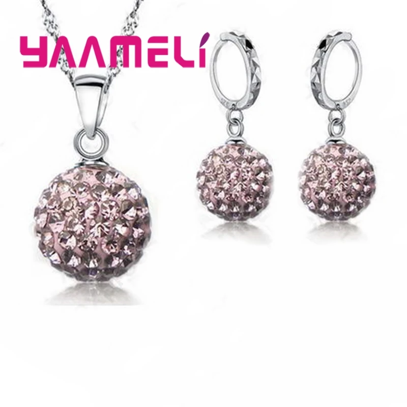 Classic CZ Crystal Disco Ball Earrings Necklace 925 Sterling Silver Color Jewelry Sets Wedding Party Women Valentine Gift