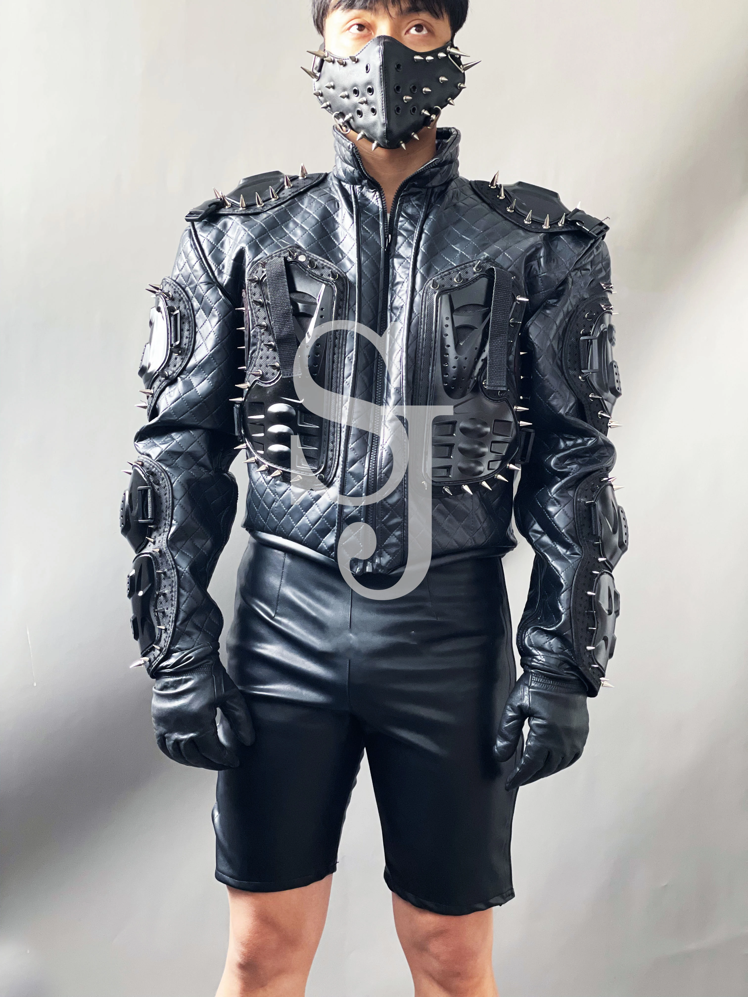 Male Punk Rivet Jacket Mask Adult Gogo Dancer Costume Model Catwalk Show Stage Clothes Singer Band Performance Wear