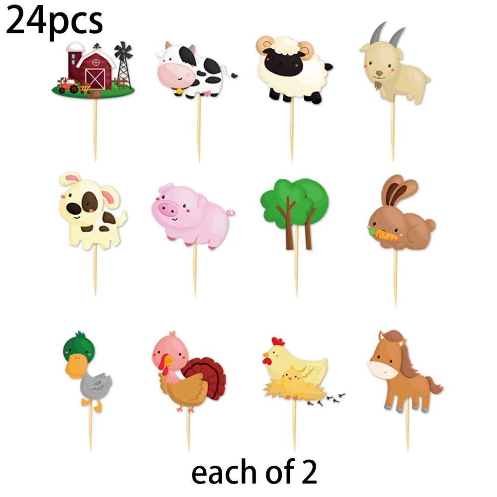 24pcs Farm Animal Cake Topper Cow Birthday CupCake Decoration Sheep Pig Toothpick Cheese Fruit Flag Baby Shower Party Supplies