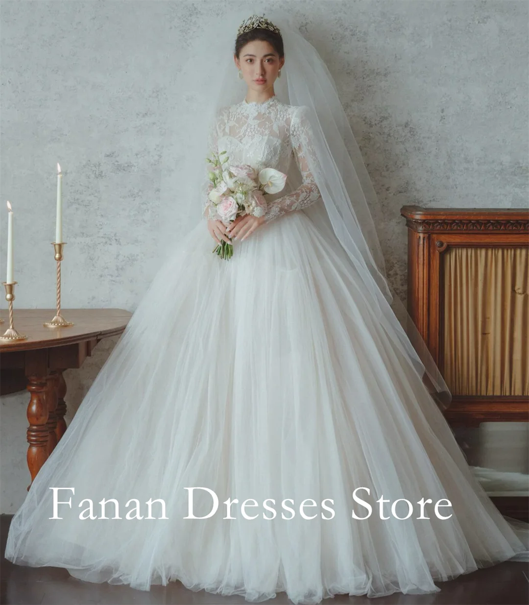 FANAN High Neck Tulle Appliques Princess Vintage Simple Elegant Wedding Dresses 웨딩드레스 Ivory Customized Pretty  Bride Dresses