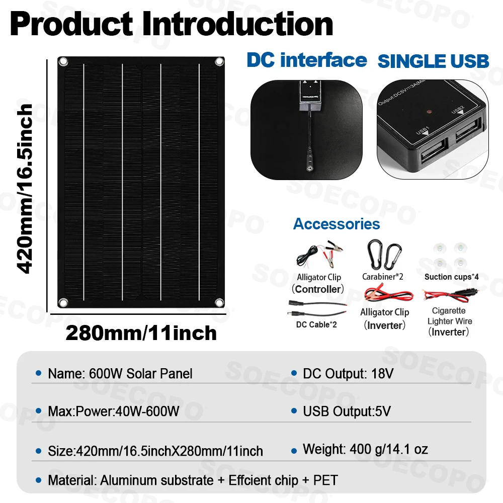SOECOPO Juego de sistema solar de 6000 W Inversor de paneles fotovoltaicos de 2 × 600 W (enchufe universal) Controlador 100 A para camping en casa/RV