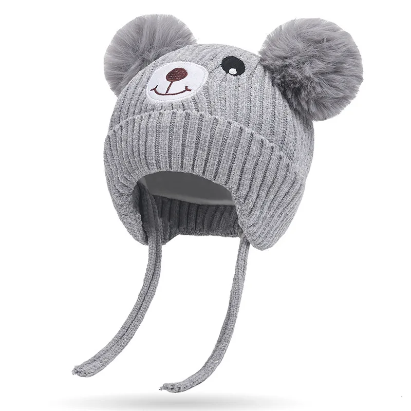 Cute Bear Pom Pom Baby Hat Winter Caps  Ear Protection Knitted Wool Warm Hat For Kids Boys Girls Beanie Children Bonnet 0-5Years