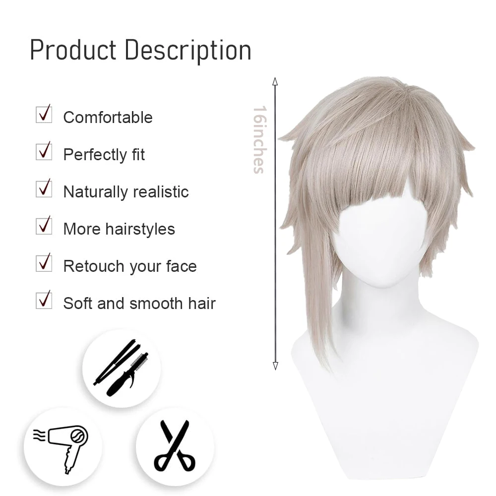 عالية الجودة أنيمي أتسوشي ناكاجيما تأثيري الشعر الاصطناعية 16 بوصة لوتس الجذر رمادي هالوين اليومية حفلة شعر مستعار مقاوم للحرارة