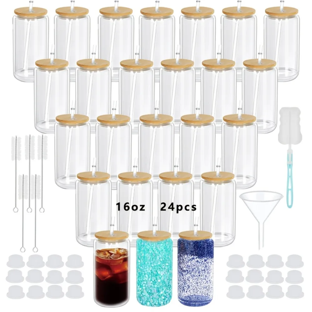 

24-Pack 16 Oz Double-Wall Clear Cups With Snow Globe Option, Includes Bamboo Lids, Straws, And Cleaning Brush - Condensation