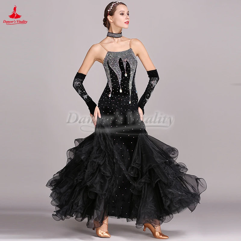 Waltz Foxtrot Tango Quickstep Professional Modern Big Swing Dresses with Necklace Ballroom Dance Performance Competitions Clothe