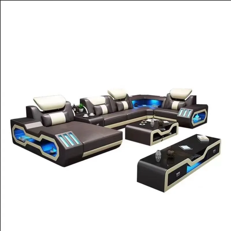 Simple modern leather art corner U-shaped sofa combination apartment leisure living room furniture, modern simple functional tea