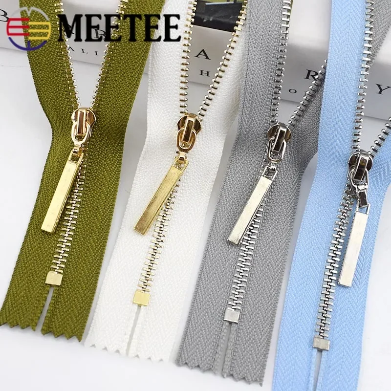 Meetee 2pcs Close-End 15-30cm Open-End 40-70cm 3# Metal Zipper Gold Silver Tooth Auto Lock Zip for Bags Wallet Sewing Tailoring